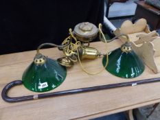 A VINTAGE BRASS HANGING LIGHT WITH TWO GREEN GLASS SHADES, A COROMANDEL WALKING STICK WITH GOLD