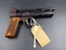 A WEBLEY & SCOTT JNR PRE WAR AIR PISTOL WITH BESPOKE ENGRAVED DECORATION BY DON BLOCKSIDGE AND