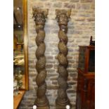 A PAIR OF CARVED OAK PARTIALLY GILDED GEORGIAN THREE PART COLUMN PILASTERS WITH CORINTHIAN