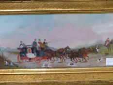 P RIDEOUT. ENGLISH 19th/20th.C. TWO COACHING SCENES, BOTH SIGNED, OIL ON BOARD, LARGEST. 17.5 x