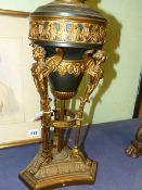 A GILT AND PATINATED BRONZE TABLE LAMP IN THE NEOCLASSICAL TASTE WITH WINGED CARYATID SUPPORTS.