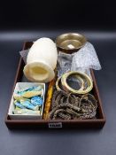 A BOX OF ARTEFACTS TO INCLUDE AN EGYPTIAN POT, USHABATIS, A SILVER BRACELET AND NECKLACE, A