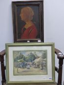 EARLY 20th.C.ENGLISH SCHOOL. THE VILLAGE MARKET, SIGNED INDISTINCTLY, WATERCOLOUR. 23 x 33cms