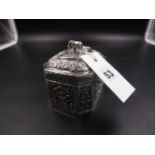 A WHITE METAL, TESTED AS SILVER, EASTERN SPICE CADDY. H 8.5cms x W.9cms, WEIGHT 190grms.