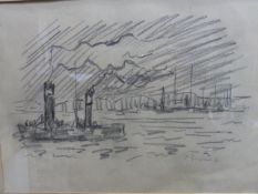 FRENCH 20th.C.SCHOOL. A HARBOUR VIEW, CHARCOAL AND PENCIL DRAWING. 22.5 x 31.5cms.