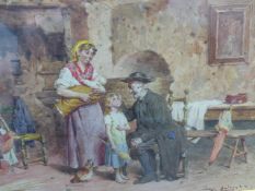 19th.C.ITALIAN SCHOOL. TWO COTTAGE INTERIORS WITH FIGURES, SIGNED INDISTINCTLY, WATERCOLOUR. 18 x