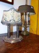 AN EARLY 20th.C.SILVER PLATED STUDENT LAMP WITH TWIN LIGHT FITTING AND HINGED SHADE TOGETHER WITH