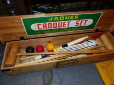 A JAQUES / ELMER COTTON PINE CASED CROQUET SET.