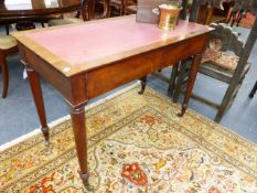 A 19th.C.MAHOGANY WRITING LIBRARY TABLE WITH INSET TOP, TWO APRON DRAWERS AND END SLIDES, BRASS