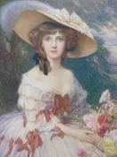 EARLY 20th.C.ENGLISH SCHOOL. A PORTRAIT OF AN ELEGANT YOUNG LADY HOLDING A BASKET OF FLOWERS,