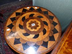 A VICTORIAN TRIPOD TABLE, THE TOP WITH ROSEWOOD, SATINWOOD, EBONY AND BOXWOOD INLAYS ON TURNED
