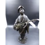 AN EARLY 20th.C.JAPANESE BRONZE LADY SINGING TO THE TUNE ON HER SAMISEN, FOUR CHARACTER MARK,