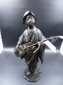 AN EARLY 20th.C.JAPANESE BRONZE LADY SINGING TO THE TUNE ON HER SAMISEN, FOUR CHARACTER MARK,