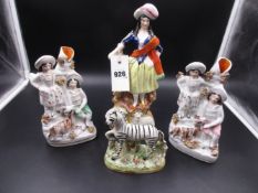 TWO STAFFORDSHIRE POTTERY FLAT BACK SPILL VASES, H.18.5cms A FIGURE OF A SHEPHERDESS, H.27cms AND