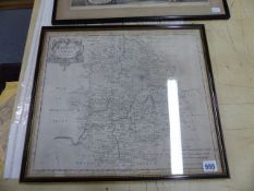 AN ANTIQUE MAP OF WARWICKSHIRE BY ROBERT MORDEN. 38 x 44cms TOGETHER WITH AN EARLY PRINTED VIEW OF