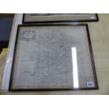 AN ANTIQUE MAP OF WARWICKSHIRE BY ROBERT MORDEN. 38 x 44cms TOGETHER WITH AN EARLY PRINTED VIEW OF