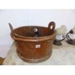 AN ANTIQUE COOPERED AND HAZEL BOUND TWO HANDLED TUB, A WROUGHT IRON FOUR BRANCH CHANDELIER, STAG