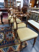 A SET OF SIX VICTORIAN ROSEWOOD DINING CHAIRS, BALLOON BACKS WITH CARVED RAIL, MUSHROOM VELVET SEATS
