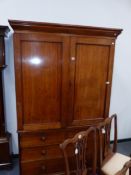 A 19th.C.MAHOGANY LINEN PRESS CABINET ON CHEST BY HINDLEY & SONS, LONDON WITH INTERIOR SLIDES, TWO