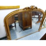 A VICTORIAN GILT FRAMED OVERMANTLE MIRROR WITH FOLIATE CREST. (AB) 90 x 122cms.