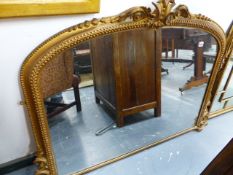 A VICTORIAN GILT FRAMED OVERMANTLE MIRROR WITH FOLIATE CREST. (AB) 90 x 122cms.