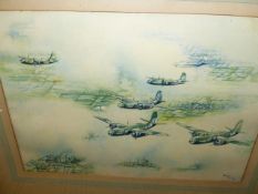 BILLIE TAYLOR. MID 20th.C. A WWII SQUADRON FLYING IN FORMATION, SIGNED WATERCOLOUR AND DATED 1944.