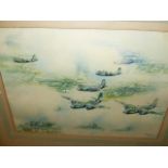 BILLIE TAYLOR. MID 20th.C. A WWII SQUADRON FLYING IN FORMATION, SIGNED WATERCOLOUR AND DATED 1944.