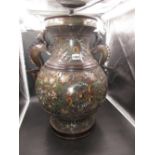 A CHINESE LARGE CHAMPLEVE ENAMEL BALUSTER VASE WITH DRAGON HANDLES APPLIED TO THE SHOULDERS AND