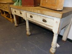 A GOOD BESPOKE HEAVY OAK KITCHEN SERVER/ PREP TABLE WITH TWO DRAWERS