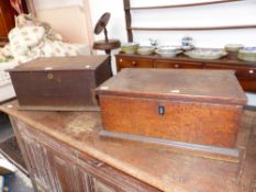 TWO SMALL EARLY 19th.C.OAK LIFT TOP LOCK BOXES WITH SIDE CARRYING HANDLES. (2)