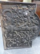 A LARGE CAST IRON FIRE BACK WITH CROWNED TREE AND C.R.MONOGRAM CREST TOGETHER WITH A FIRE BASKET AND