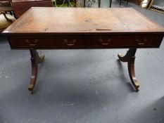 A GOOD QUALITY GEO.IV. STYLE MAHOGANY WRITING TABLE WITH TWO FRIEZE DRAWERS ON TRESTLE ENDS WITH