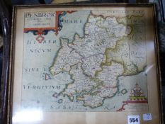 AN ANTIQUE HAND COLOURED MAP OF PEMBROKESHIRE BY W.KIP. 33 x 39cms.