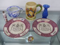 A CHILD'S COPELAND BLUE AND WHITE FLOWER DECORATED CHAMBER POT, A CROWN DEVON ROYAL COMMEMORATIVE