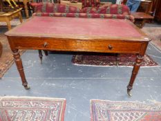 A VICTORIAN OAK LIBRARY TABLE WITH SINGLE LONG FRIEZE DRAWER ON TURNED LEGS WITH BRASS CASTORS,