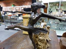 A WELL MODELLED ART DECO STYLE BRONZE FIGURE OF A SEMI CLAD FEMALE WARRIOR MOUNTED ON MARBLE PLINTH.