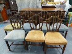 A HARLEQIN SET OF SEVEN 19th.C.MAHOGANY AND INLAID CARVED BACK DINING CHAIRS ON SQUARE TAPERED LEGS.