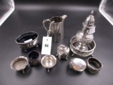 A QUANTITY OF SILVER TABLEWARE TO INCLUDE A VICTORIAN SILVER CREAMER, SILVER CONDIMENTS, A SILVER