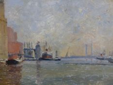 M.CHEFFINS. ENGLISH 20th.C. ARR. VICTORIA DOCK, LONDON, SIGNED OIL ON BOARD. 32 x 61cms.