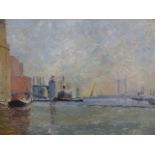 M.CHEFFINS. ENGLISH 20th.C. ARR. VICTORIA DOCK, LONDON, SIGNED OIL ON BOARD. 32 x 61cms.
