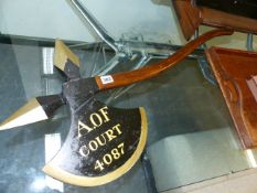 A PAIR OF CARVED AND PAINTED MODELS OF FELLING AXES, ORIGINALLY FROM LODGE 4087, ANCIENT ORDER OF