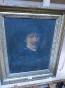 19th.C.SCHOOL AFTER REMBRANDT. SELF PORTRAIT, OIL ON CANVAS. 46 x 37.5cms