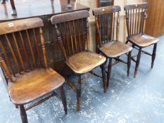 A SET OF SIX 19th.C.BEECH AND ELM STICK BACK KITCHEN CHAIRS ON TURNED LEGS. (6)