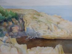 KEVIN HENNESSEY. 20th.C. A SPANISH COASTAL VIEW, SIGNED PENCIL AND WATERCOLOUR. 42 x 68cms.