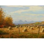 MANNIE GONSALVES. (1926-2012) ARR. CORN STOOKS, TURNER VALLEY, ALBERTA, OIL ON BOARD. 40 x 50cms.