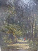 CONTINENTAL BARBIZON SCHOOL. FIGURE ON A WOODED PATH, SIGNED INDISTINCTLY, OIL ON CANVAS. 32 x