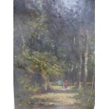 CONTINENTAL BARBIZON SCHOOL. FIGURE ON A WOODED PATH, SIGNED INDISTINCTLY, OIL ON CANVAS. 32 x