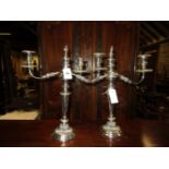 A PAIR OF OLD SHEFFIELD PLATE THREE LIGHT CANDELABRA, THE CENTRAL LIGHT TO EACH REMOVABLE BRANCH