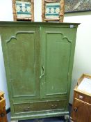 A VINTAGE GREEN PAINTED SMALL HALL CUPBOARD WITH BASE DRAWER ON SHORT CABRIOLE LEGS. 83 x 42 x H.