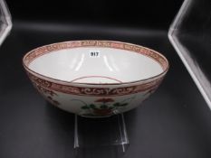 A CHINOISERIE DECORATED BOWL, THE EXTERIOR WITH FAMILLE VERTE CHRYSANTHEMUMS ALTERNATING WITH IRON